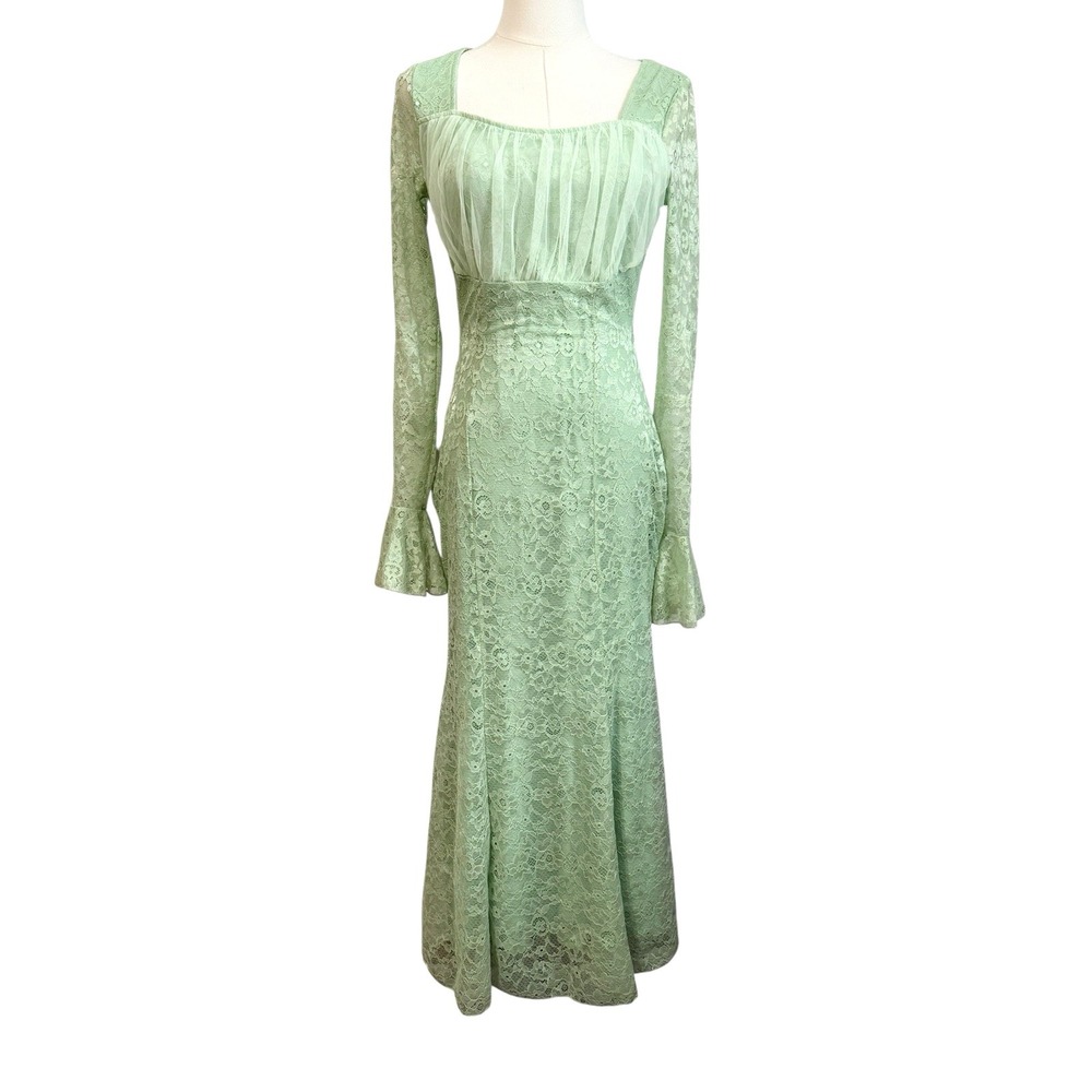 Lace Mesh Maxi Dress S Coquette Fiary Prom Gown Romantic Feminine Pastel Mint - Picture 3 of 9